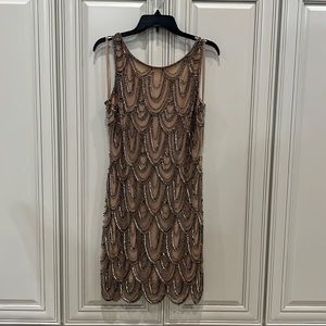 Tan fully beaded Pissarro Nights Dress